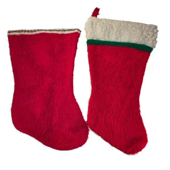 Unbranded Other - Vintage 60s 70s Red Fuzzy Christmas Stockings Set of 2 Sherpa & Trimmed Cuff MCM